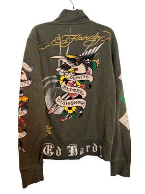 Vintage Y2K Ed Hardy Mens Olive Green Full-Zip Jacket With Tattoo Graphic Design